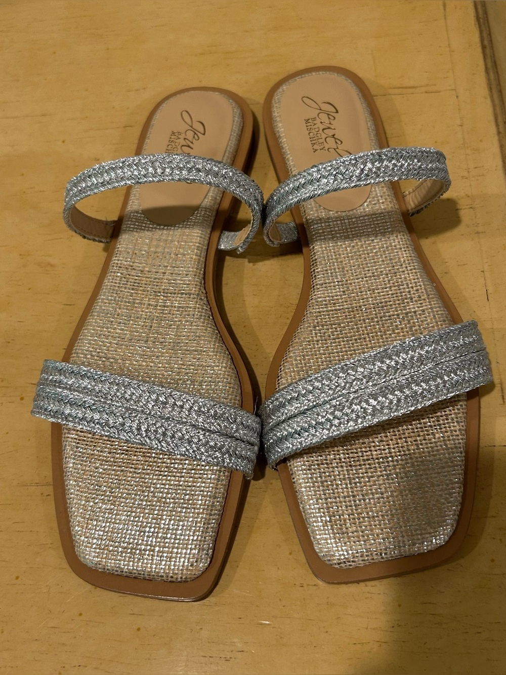 Jewel Badgley mischka 
Helena  silver flat women’s sandal in size 9